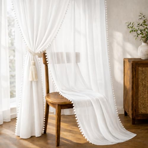Image of THE LINEN COMPANY Cotton Linen Textured Sheer Eyelet Curtains with Side Border Pompom for Window, Light Filtering Curtain Panels, White, 6 Feet, Pack of 1