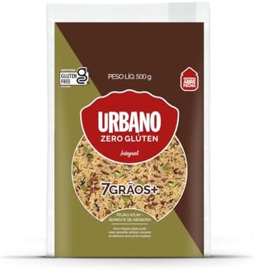 Embalagem de produto com rótulo Urbano Zero Gluten e fundo marrom e verde.