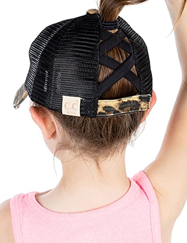 Kids Criss Cross Messy Bun Ponytail Hat - Leopard Washed W/Mesh #TOP1