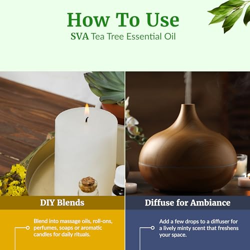 Image of SVA Tea Tree Essential Oil 4 Fl Oz - for Diffuser, Skin & Hair Care - Ideal for Massage & DIY Blends - with Dropper