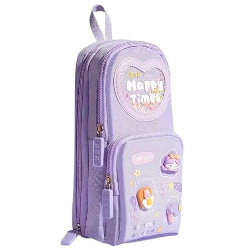 Image of OSDUE Canvas Premium Pencil Case, 6 Layer, 3 Compartments, Large Capacity, Cute Aesthetic Design for Girls, Multifunctional Pouch for School Kids (Happy, Purple, Vertical)