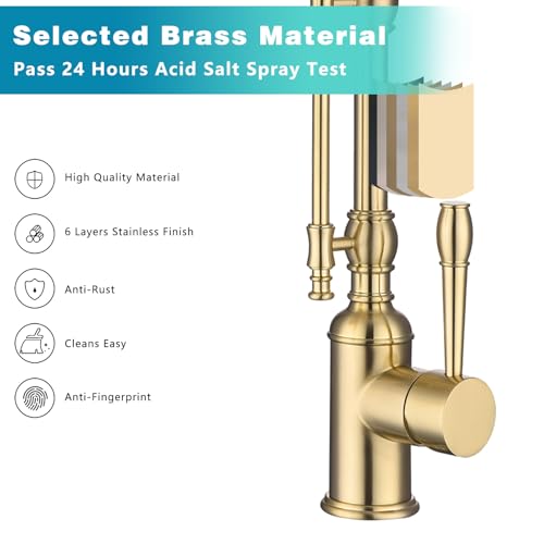 Image of Classical Commercial Copper Kitchen Faucet, Single Handle Spring High Arc with 360 Swivel Pull Down Spray, Finish & Deck Plate for Farmhouse Sink,Black+Brushed Gold