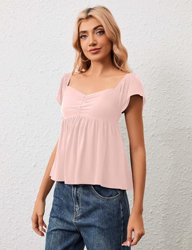 Womens Flowy Peplum Tank Tops Ruffle Sleeve Babydoll Tank Top Sweetheart Neck Smocked Back Short Sleeve Going Out Top Pink4