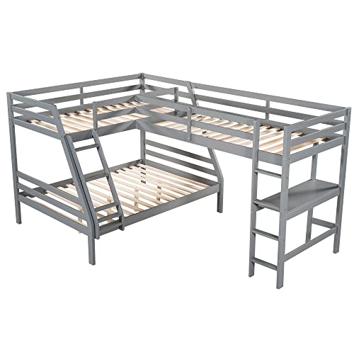 Biadnbz Full Over Twin & Twin Triple Bunk Bed With Built-In Desk And 2 Ladders, Wooden L-Shaped Loftbed Linked With Bunkbed For 3 Kids/Teens/Adults Bedroom, Gray #TOP2