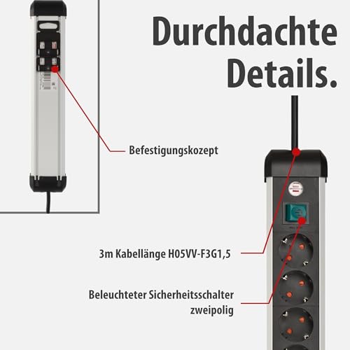 Brennenstuhl Premium-Alu-Line Steckdosenleiste 10-Fach/Steckerleiste aus hochwertigem Aluminium (Mehrfachsteckdose mit Schalter und 3m Kabel, Made in Germany)