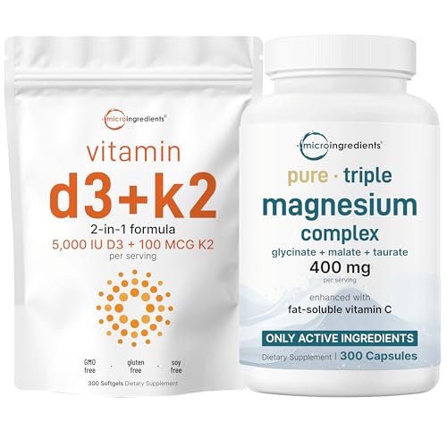 Micro Ingredients Vitamin D3 5,000iu + K2 100mcg Softgels & Pure Triple Magnesium Complex 400mg Capsules | 2 Pack Bundle | Essential D & K Sunshine Vitamins | Glycinate, Malate, & Taurate Fo