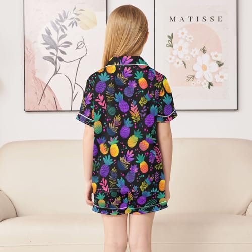 ALAZA Colorful Pineapple Leaf Dot Satin Pajamas Set Short Sleeve Button Down Sleepwear Summer Pjs 2 Piece4
