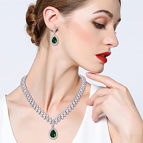 Ever Faith Women's Jewelry Green Cz Marquise-Shaped Leaf Teardrop Wedding Prom Necklace Earrings Set Emerald Color Silver-Tone #TOP1
