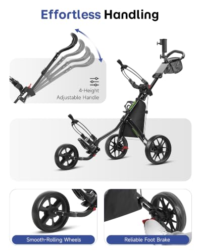 Image of findway Golf Push Cart 3 Wheel, Lightweight & Compact Fold Golf Bag Cart, Golf Caddy Push Carts with Foot Brake, Adjustable Handle, Mesh Bag, Storage Bag, Umbrella & Drink Holder