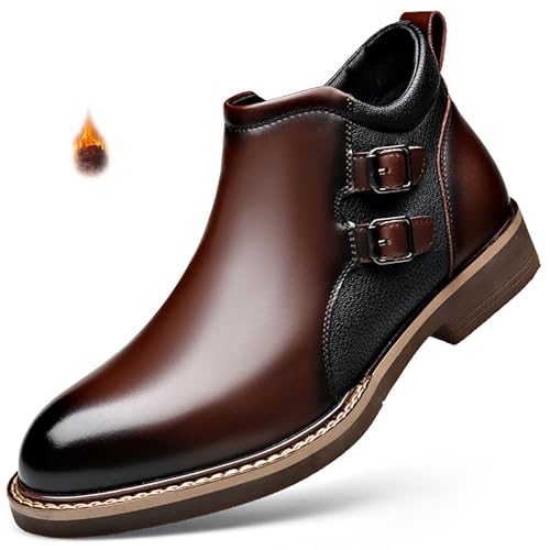 Men's Leather Buckle Low Heel Chelsea Boots Classic Round Toe Side Zipper Non-Slip Dress Business Booties for Driving Office Work