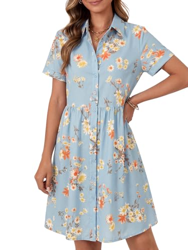 Image of Rooscier Women's Striped Shirt Dress Button Down Collared Short Sleeve Mini Dress