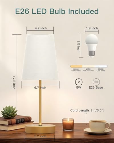 Image of Addtam Bedroom Table Lamp, Bedside Lamp with AC Outlet and USB C Charging Ports(PD 20W), 3-Way Dimmable Lamp with Switch, Lamps with Shade for Night Stands, Living Room, Desk, and Home Office, 6.5Ft