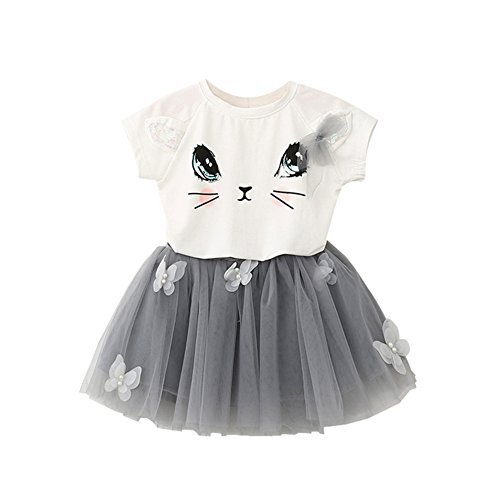 Fedi Apparel Toddler Girls Party Strip Shirt Tutu Dress Cat Top Tulle Skirts Set (4-5 Years(Tag L), Cat Gray)