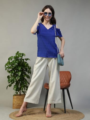 Image of oxolloxo Women Solid V-Neck Short Sleeve Cold Shoulder Yarn-Dyed Dobby Top