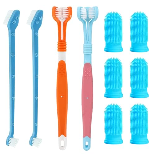 JOOTUEPO Set Spazzolino per Cani Confezione, 2 Spazzolino a Tripla Testa, 2 Spazzolini a Doppia Testa, 6 Spazzolino a Dita, Set per la Pulizia Dei Denti Multi-Angolo per Animali Piccoli, Medi e Grandi