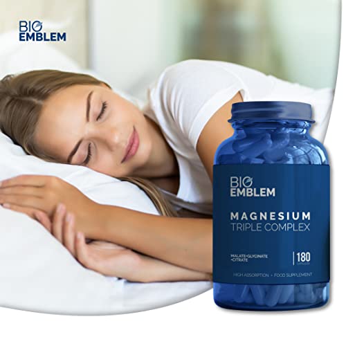 BioEmblem Magnesio Complejo de triple 250 mg Citrato de Magnesio + glicinato de magnesio + malato de magnesio para relajación muscular, sueño, calma y energía, Alta absorción, Vegano, sin OGM