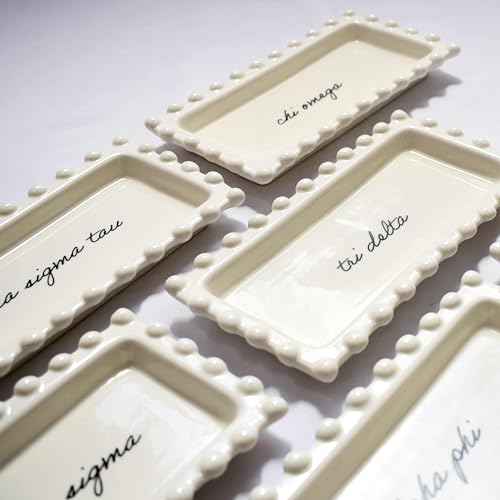 Sorority Shop Phi Mu Jewelry Dish - Rectangular Gloss Finish Ceramic tray with Sorority Name in Cursive Script, Multi-Function Ceramic Ring Dish, Ideal for Jewelry and Keys