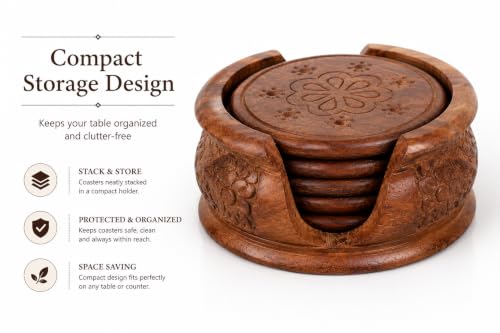 Image of Beautifully Handcrafted Wooden Coaster Set with Decorative Holder | Drink Coasters for Tea, Coffee Mugs & Bar Glasses | Authentic Indian Handicraft