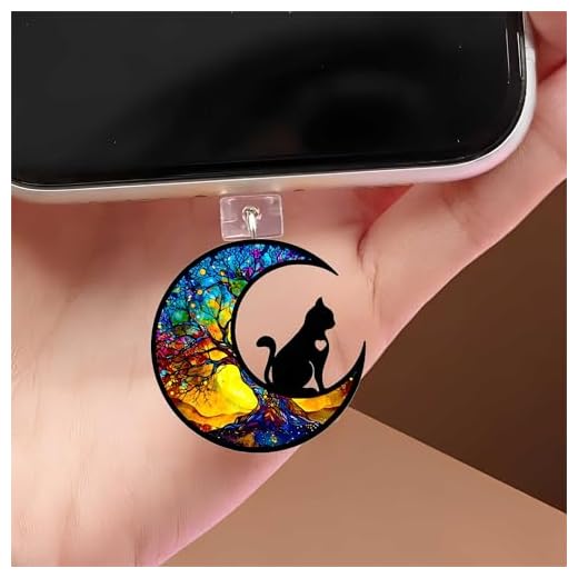 Cat on Moon with Tree Dust Plug Acrylic Charms for electronic products,Type-C Charging Port Dust Plugs Pendant Compatible with E-Reader Phone Tablet, Gift for Christmas, Birthday, Anniversary Day