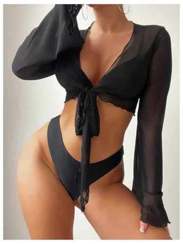 SweatyRocks Women's Sheer Mesh Tie Front Cover Ups Tops Long Sleeve Swimsuit Coverups Swimwear2