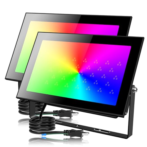 80W RGB 投光器 カラーライト フラッドライト RGB + 2700K 暖色光照明 8000lm 祝日雰囲気と日常照明兼用 IP66 防水 調光可能 16 種カラー 8 種モード 4 つタイマー 100V 50/60Hz PSE 認証済 日本語説明書（2個）