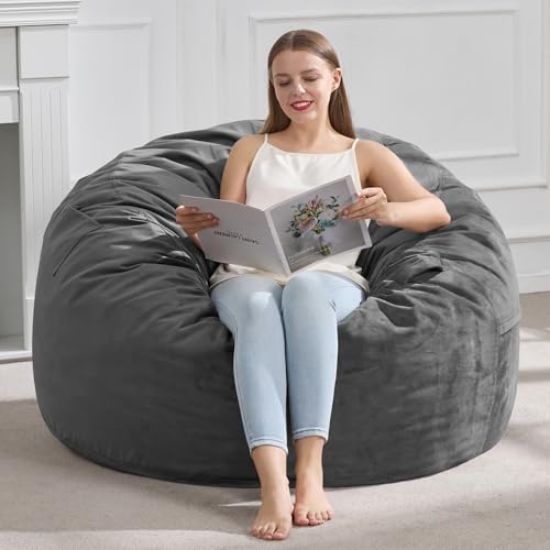 Image of Hobestluk Large Bean Bag Chairs 3FT Big BeanBag for Adults Boneless Chair | Memory Foam,Washable Cover,Storage Pocket,Handle,Lightweight Round Dorm Chair Big Adult Bean Bag Study Room Gaming | Grey 3FT