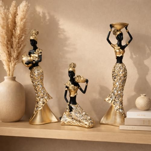 Image of Vibrant Beautiful Finish Uniquely Hand Crafted Home Decor African Tribal Women Art Piece (African Lady Working Set of 3)