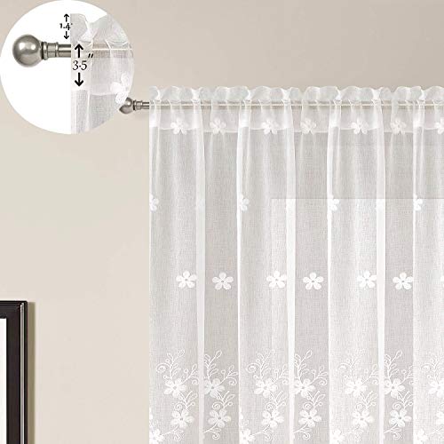 VOGOL White Rod Pocket Sheer Curtains 96 inches Length, Embroidered Window Curtain Sheer Voile Panels for Living Room & Bedroom, 60x96, 2 Panels