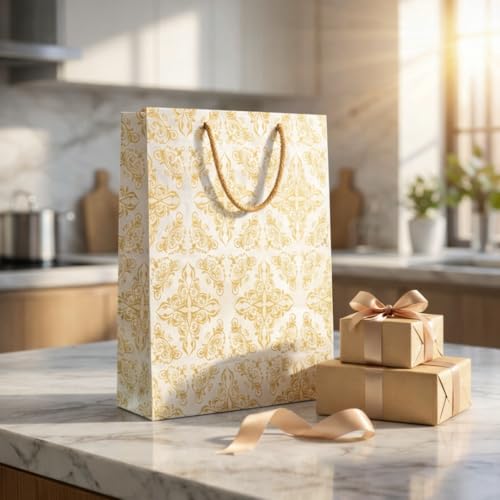 Image of Creative Art White & Gold Paper Gift Bags Rectangle (Pack of 10) - Strong Kraft Paper, Elegant Design, Reusable & Recyclable, Ideal for Return Gifts, Baby Shower, Wedding & Party Gift Packing