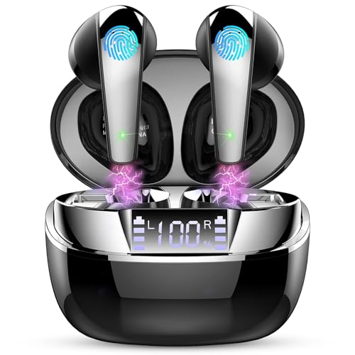 Cuffie Bluetooth, Auricolari Bluetooth 5.3 Stereo HiFi con 4 HD Mics, Cuffie Wireless in-ear LED Display, Mini Cuffiette Sport 35H IP7 Impermeabile Auricolari senza fili USB-C Touch Control, Nero