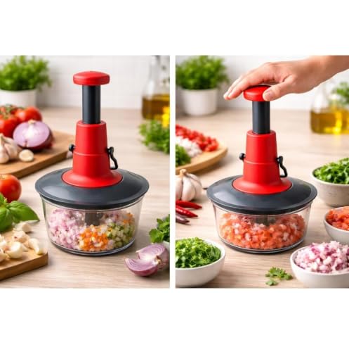 Image of Nirmala Kitchen 650 ML Vegetable Push Press Chopper with 3 Stainless Steel Blades | Manual Hand Press Food Chopper for Onion, Vegetables, Fruits, Nuts & Chop Kitchen Tool I Mixer, Grinder I Blender