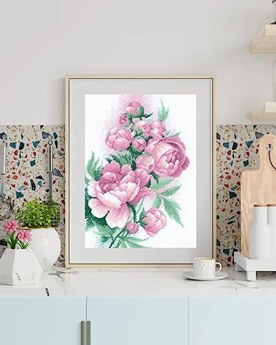 Image of RIOLIS - Lush Peonies 2138, Cross Stitch Kits 8 inch x 11 inch, Cross Stitch Kits for Adults, Floral Counted Cross Stitch Kits, Embroidery Kit for Beginners & Advanced, Crossstitching Kits