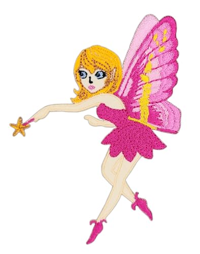 Elfe Rosa mit Zauberstab Aufnäher zum aufbügeln oder aufnähen Bügelbild Aufbügler für Kleidung gestickter Bügelflicken Applikation Schmetterling Fee Kinder Patch Größe 7,0 x 10,2 cm