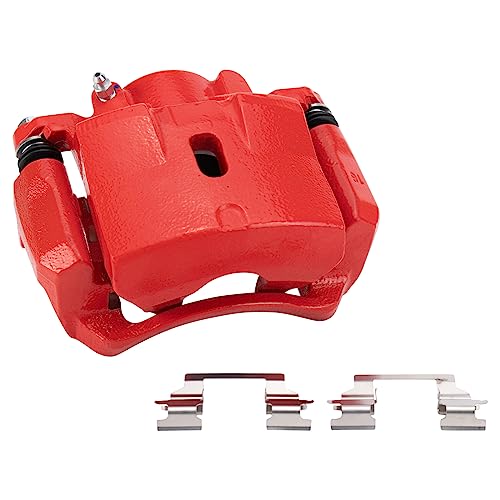 Image of TRQ Front Brake Caliper Set Painted Red Brackets Compatible with 2004-2012 Chevrolet Malibu 2005-2010 Pontiac G6 2006-2009 Pontiac Solstice 2007-2009 Saturn Aura 2009-2010 Saturn Sky