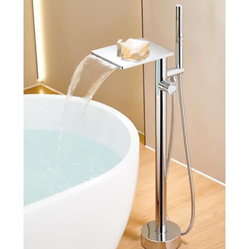 Robinetterie baignoire îlot cascade chrome et blanc avec douchette