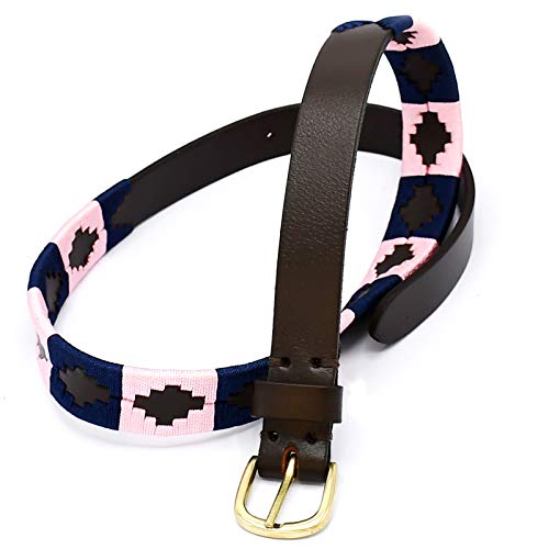 Polo Belt Hand-Stitched leather belt Navy Blue & Pink Color 36" BLT-073