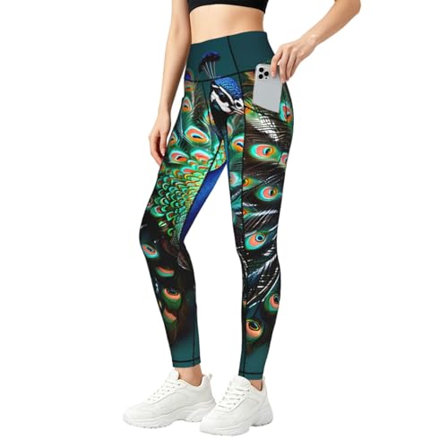 Leggings de gimnasio Yyoretp con estampado de pavo real y bolsillos para yoga