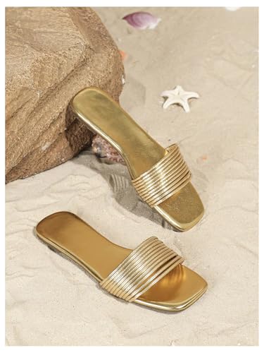 Image of GORGLITTER Women's Gold Flat Sandals Strappy Square Open Toe Metallic Summer Slides Dressy 2026 Trendy