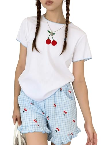 Image of Yoxindax Tween Girls Summer 2-Piece Outfit Set - Crew Neck Short Sleeve T-Cherry Print Shorts 7-14Y Summer Clothes