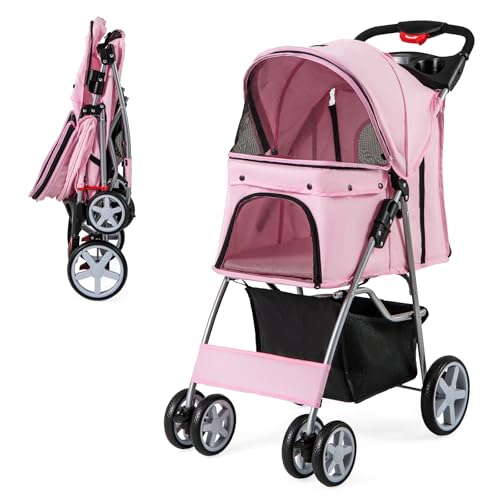 GYMAX Passeggino per Cani Piccoli Pieghevole, Fino a 15 kg, Ruote 360° con Freni, Cuscino, Porta Doppio, Finestre, Cestino, Portabicchieri, Carrozzina Portatile (Rosa)