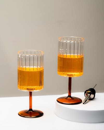 Image of CAR-O-BAR Ebony Wine Glass | Handcrafted Premium Glasses | Set of 2 | 240ml Crystal Thick Cut Heavy Base Crystal Wine Glass | Perfect for Red and White Wine (Fluted Clear with Red stem)