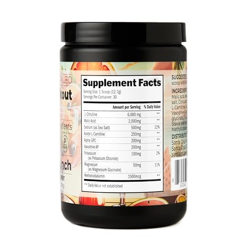 Image of Santa Cruz Paleo Pre Workout Powder Electrolytes, Magnesium, Potassium, Sea Salt & L Citrulline, Caffeine & Sugar Free Preworkout Drink Mix for Energy & Hydration, Island Punch Flavor, 30 Servings