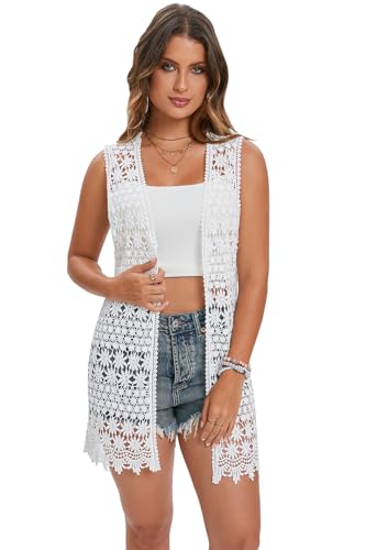 GLEAMISS Women's Crochet Floral Vest Lace Trim Boho Sleeveless Cardigan3