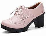 DADAWEN Women's Classic T-Strap Platform Mid-Heel Square Toe Oxfords Dress Shoes Pink US Size 4.5