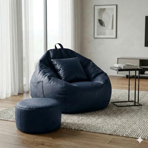 Image of Bean Bag Cover 4XL Without Beans with Footrest and Cushion Lounge Chair Luxury Bean Bag Cover with Footrest Without Beans 4XL (Navy) (Navy)