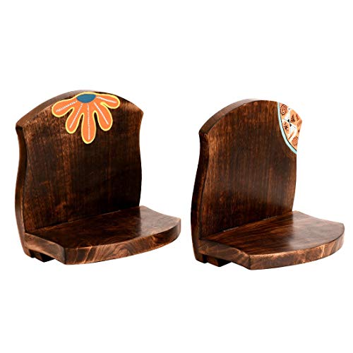 Image of AAKRITI ART CREATIONS Handcrafted Wooden Brown Wall Shelves Set of 2 | Floral Art Wooden Wall Hanging Shelves | Matte Finish Decorative Shelf for Living Room, Bedroom & Gifting