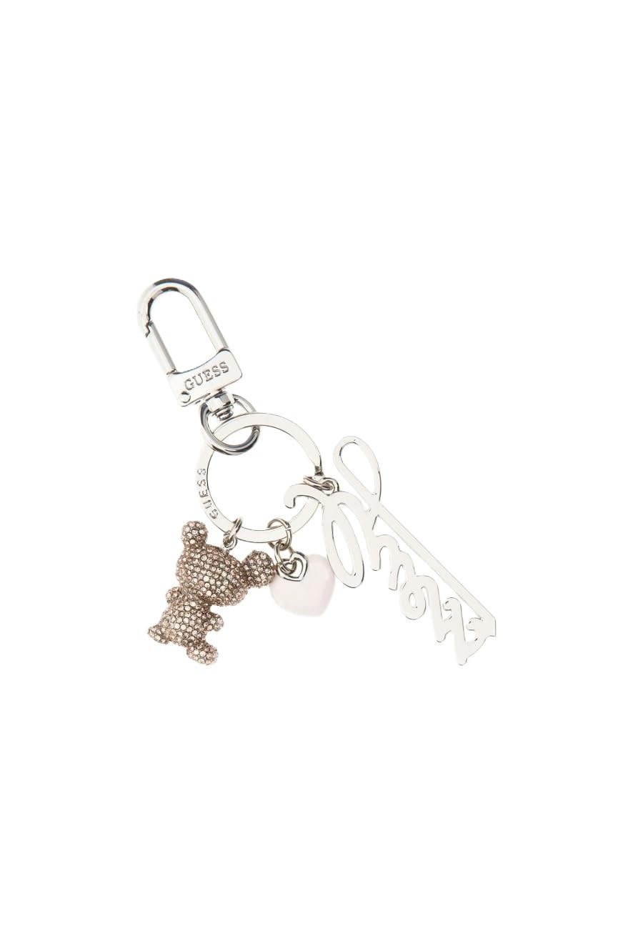 GUESS Portachiavi di Lusso in Metallo, Argento con Orsetto Decorativo e Charm, 6,4 x 12,6 x 0,5 cm, con Anello e Gancio