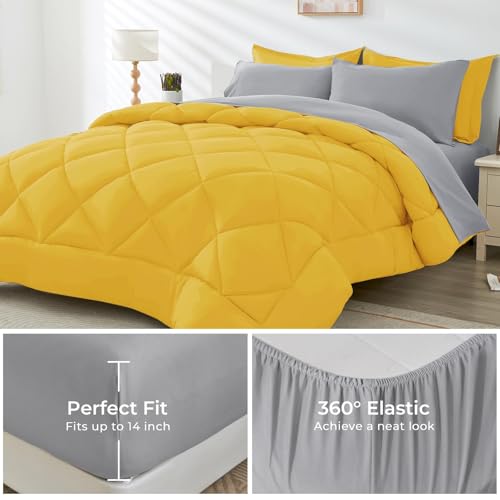 HEVUMYI Full Comforter Set - 7-Piece All Season Bed in a Bag Full, Ultra Soft Bedding Set with Comforter, Flat Sheet, Fitted Sheet, Pillowcases, Pillow Shams, Yellow & Light Grey
