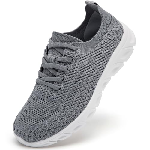 KTVHYW Sportschuhe Damen Turnschuhe Hallenschuhe Slip On Leichte Laufschuhe Bequeme Freizeit Tennisschuhe Damen Outdoor Atmungsaktiv rutschfeste Joggingschuhe Tennisschuhe Fitnessstudio Hellgrau 39
