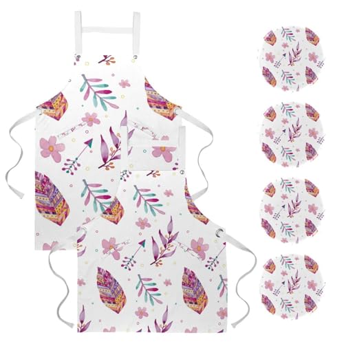 Lot de 2 tabliers de cuisine à motif aquarelle feuilles roses avec 4 broches pour le bistrot